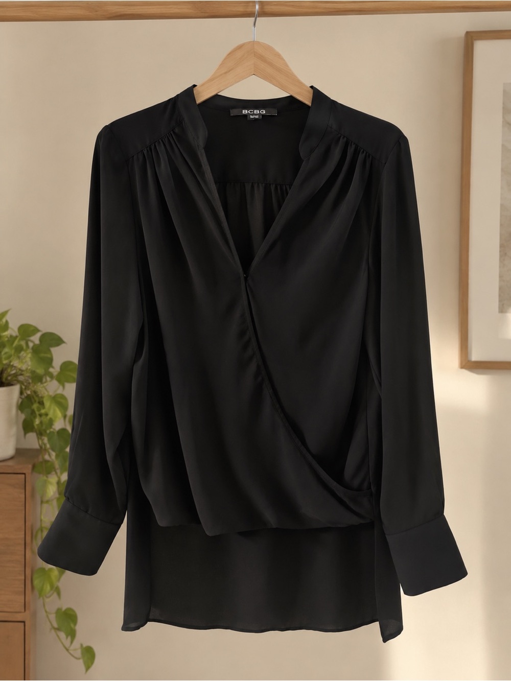 BCBG Black Wrap-Front Long Sleeve Blouse